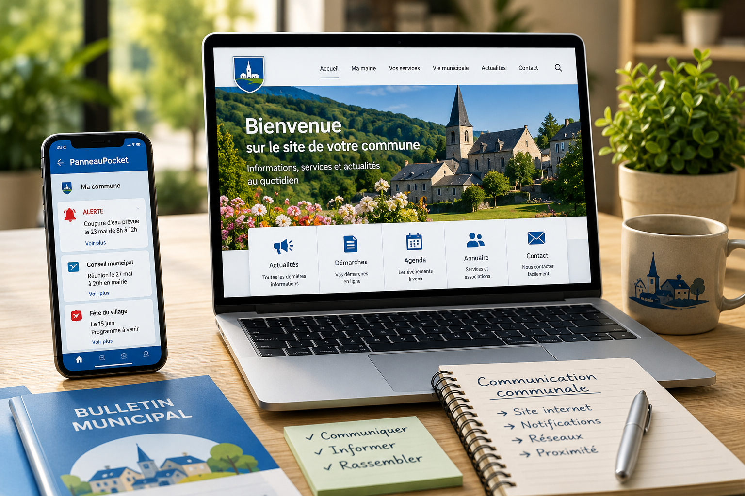 Illustration de la communication numérique d’une commune avec ordinateur, smartphone, notifications et outils web municipaux.